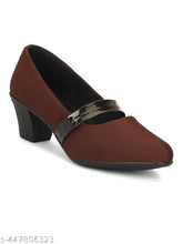 Brown textile colorblocked pumps with mid-height block heel and chic metallic buckle accent - Indian design for work or formal events